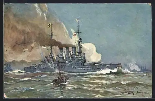 Künstler-AK Willy Stoewer: Deutsches Kriegsschiff bei voller Fahrt