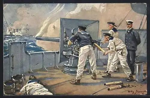 Künstler-AK Willy Stoewer: Matrosen am Geschütz eines Kriegsschiffes bei einer Seeschlacht