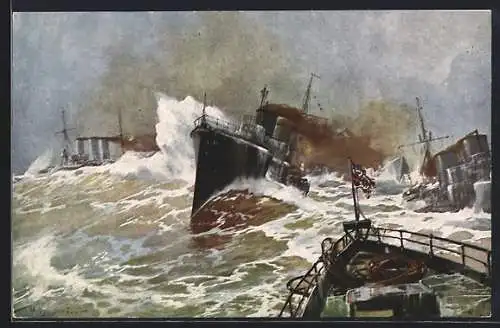 Künstler-AK Willy Stoewer: Senftenberg, Krone Brikett-Serien, Sturmfahrt der neuen Hochseetorpedoboote in der Nordsee