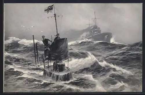 Künstler-AK Stoewer: U-Boot in der Nordsee auf der Wacht