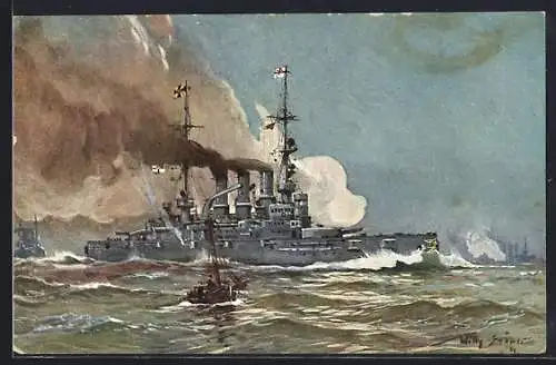 Künstler-AK Willy Stoewer: Kriegsschiff unter Volldampf