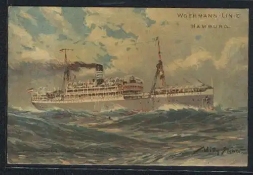 Künstler-AK Willy Stoewer: Dampfer der Woermann-Linie Hamburg auf hoher See