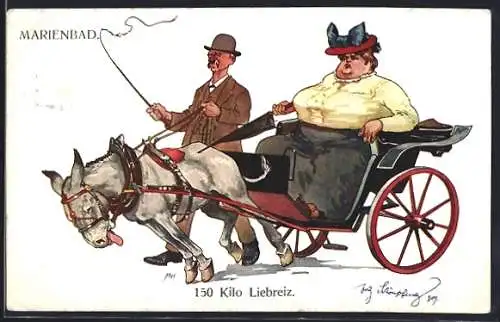 Künstler-AK Fritz Schönpflug: Marienbad, Dicke Frau in einem Eselswagen