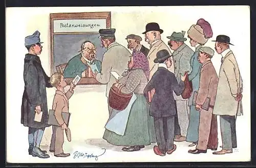 Künstler-AK Fritz Schönpflug: Damen und Herren an einem Postschalter