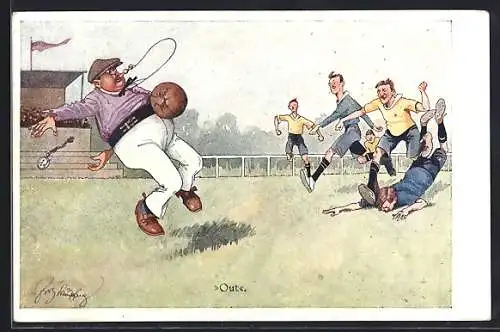 Künstler-AK Fritz Schönpflug: Schiedsrichter wird angeschossen, Fussball, Scherz