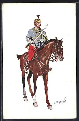 Künstler-AK Fritz Schönpflug: Soldat in Uniform mit Schwert zu Pferde