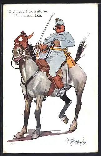 Künstler-AK Fritz Schönpflug: Die neue Felduniform. Fast unsichtbar, Soldat auf grauem Pferd