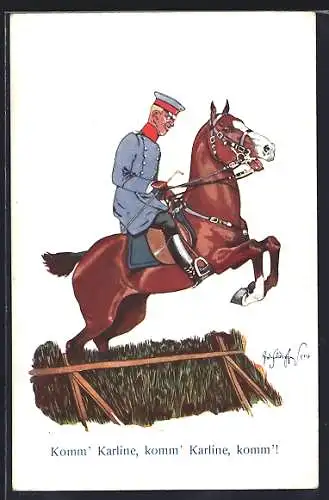 Künstler-AK Fritz Schönpflug: Soldat auf Pferd Karline