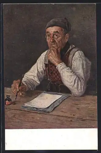 Künstler-AK sign. Hans Best: Mann vor einem Briefbogen