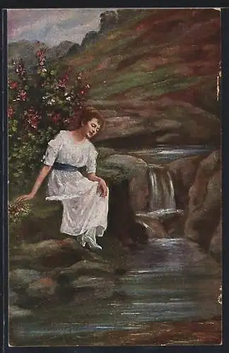 Künstler-AK sign. J. Sanden: Junge Frau sitzt an der Quelle