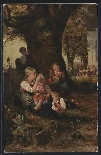 Künstler-AK sign. Th. Schütz: Kinder im Garten zur Sommerzeit