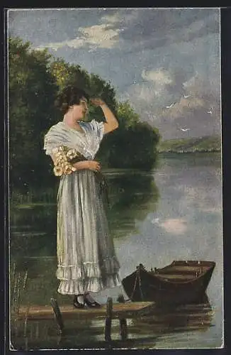 Künstler-AK sign. H. Hermanns: Frau hält am Bootssteg Ausschau