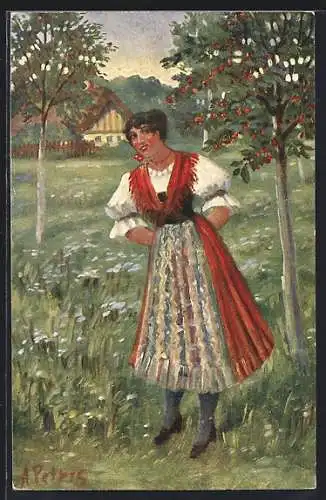 Künstler-AK sign. A. Petris: Frau an einem Kirschbaum