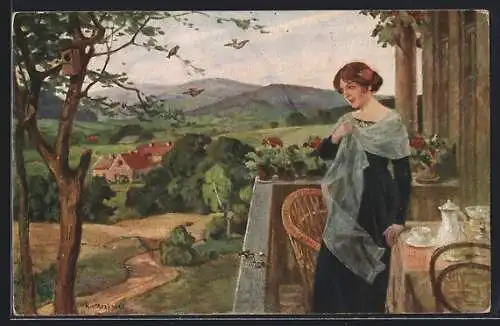 Künstler-AK sign. K. v. Rozynski: Frau am Tisch auf der Veranda