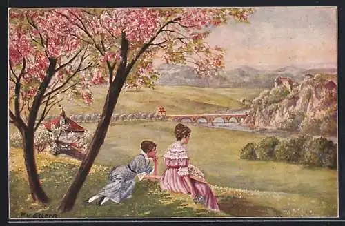 Künstler-AK sign. F. v. Ellern: Zwei Frauen schauen ins Tal