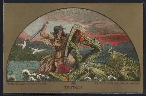 Künstler-AK sign. Mikolás Ales: Cyklus Vlast, Trutnov, Frau kämpft mit einem Drachen