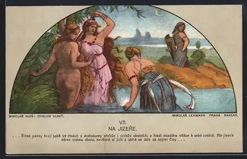 Künstler-AK sign. Mikolás Ales: Cyklus Vlast, Na Jizere, Frauen beim Baden