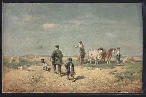 Künstler-AK sign. Anton Burger: Herbst, Bauern mit Nutztieren auf dem Felde