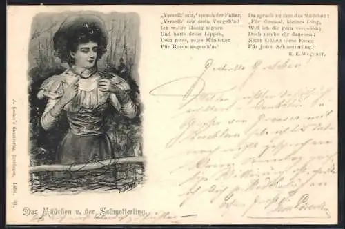 Künstler-AK sign. R. de Witt: Fräulein im Kleid mit Schmetterling