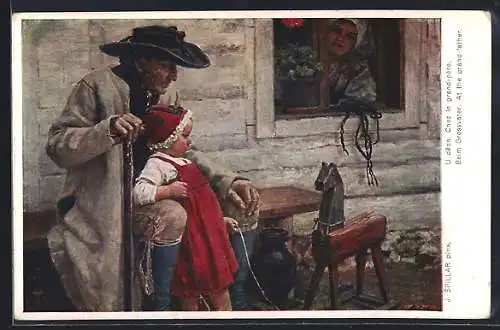 Künstler-AK sign. J. Spillar: Kind mit Schaukelpferd beim Grossvater