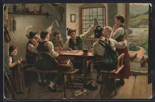 Künstler-AK sign. E. Rau: Bauern trinken Bier am Tisch