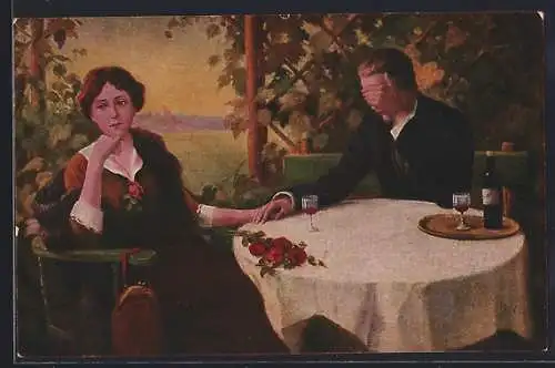 Künstler-AK sign. B. Kusche: Herr hält die Hand von Frau am Tisch
