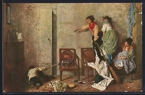 Künstler-AK sign. G. Favretto: Kinder erschrecken sich vor einer Maus