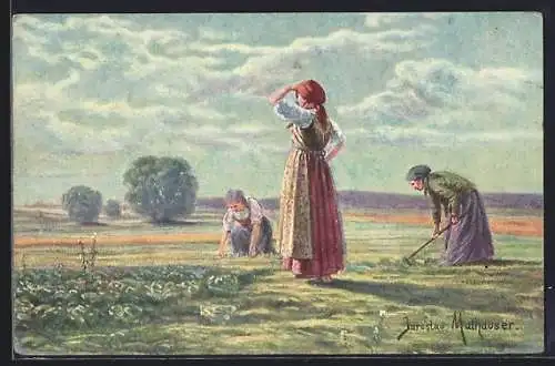 Künstler-AK sign. J. Mathauser: Drei Bäuerinnen auf der Wiese