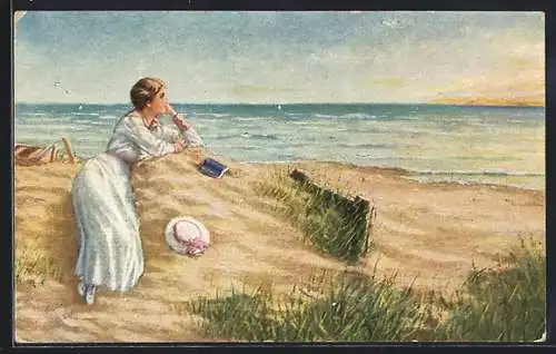 Künstler-AK sign. R. de Witt: Junge Frau träumt am Strand
