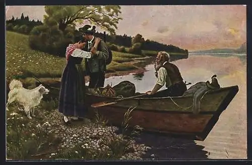 Künstler-AK sign. August Dieffenbacher: Frau und Mann verabschieden sich am Boot