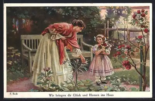 Künstler-AK sign. F. Beck: Frau und Mädchen mit Blumenstrauss