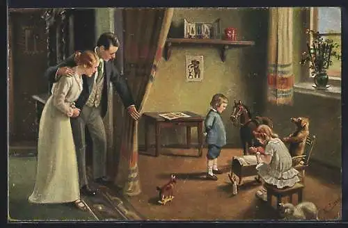 Künstler-AK K. Lorch: Familienglück, Ehepaar beobachtet die Kinder beim Spielen, Mutterglück