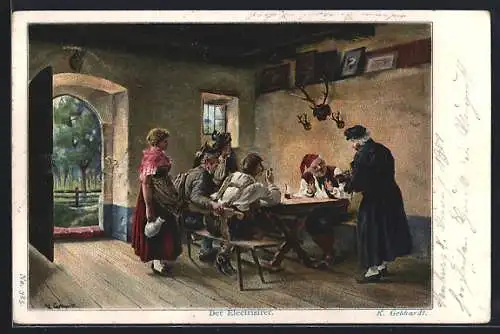 Künstler-AK sign. K. Gebhardt: Electrisierer am Tisch im Gasthaus