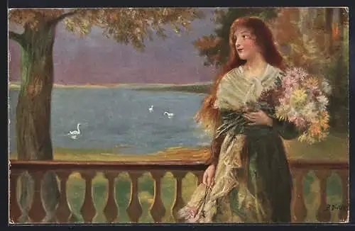 Künstler-AK sign. Bruno Dietze: Sehnsüchtige Frau mit Blumenstrauss