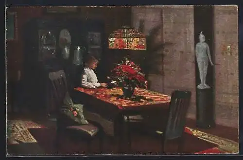 Künstler-AK sign. Friedrich Schilling: Frau sitzt abends am Tisch