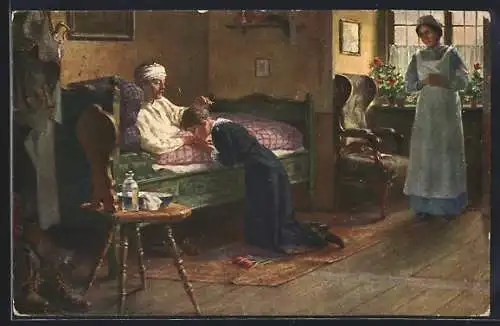 Künstler-AK sign. Gustav Salingré: Tochter am Bett von krankem Mann