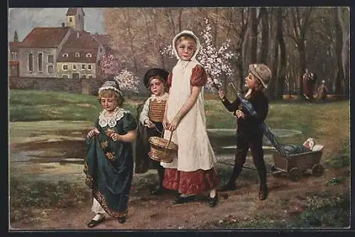 Künstler-AK sign. J. F. Engel: Kinder mit einer Puppe im Wagen, Im Hintergrund Kirche