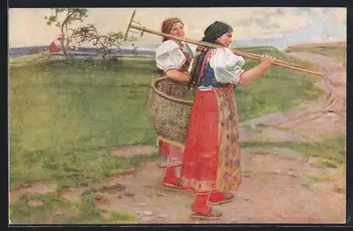 Künstler-AK sign. J. Douba: Zwei Bäuerinnen in Tracht mit Rechen