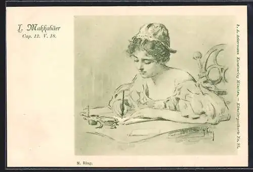Künstler-AK sign. M. Ring: Junge Frau schreibt einen Brief