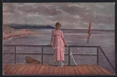 Künstler-AK sign. F. Burger: Junge Frau mit Schirm am Strand