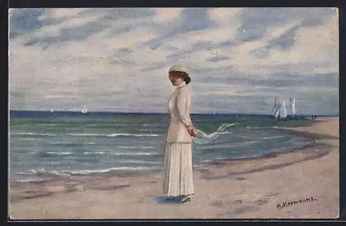 Künstler-AK sign. H. Hermanns: Junge Frau am Meeresstrand
