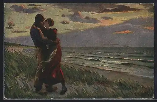 Künstler-AK sign. Fritz Raupp: Liebespaar abends am Strand