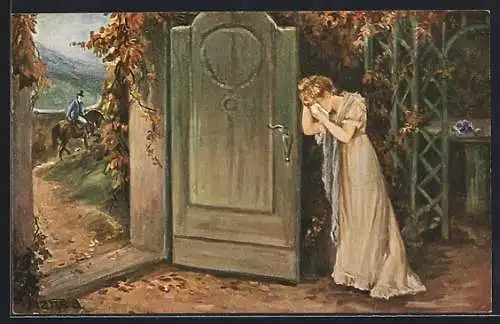 Künstler-AK sign. A. Hansa: Junge Frau weint zum Abschied