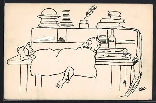 Künstler-AK sign. Jára Malkus: Mann schläft auf dem Tisch