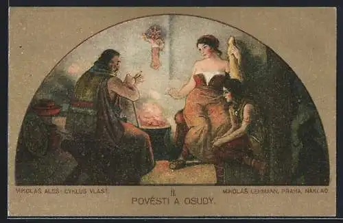 Künstler-AK sign. Mikolás Ales: Cyklus Vlast, Povesti a Osudy, Frauen und Mann am Ofen