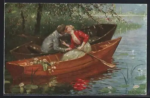 Künstler-AK sign. H. Gitter: Seerose, Paar auf zwei Booten küsst sich