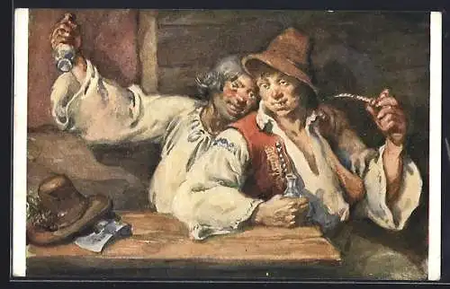 Künstler-AK sign. S. B. Bartos: Zwei Männer rauchen Tabakspfeife
