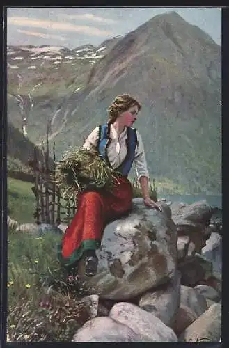 Künstler-AK sign. E. Pastor-Normann: Junge Frau blickt in die Ferne