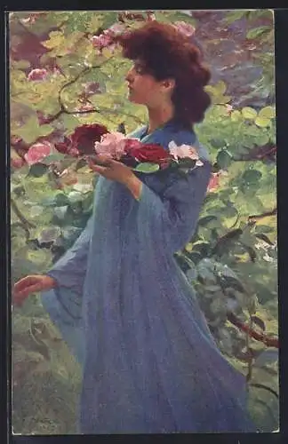 Künstler-AK sign. Fr. Dvorák: Dame mit Rosen