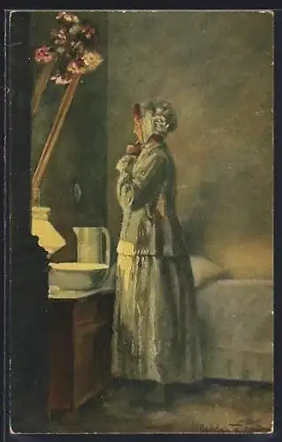 Künstler-AK sign. M. Rosenfeld: Junge Frau mit einer Nachthaube